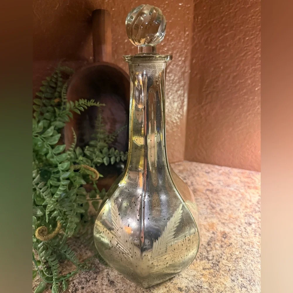 Pottery Barn Mercury Glass Decanter Carafe Genie Bottle Etched Flower Silver